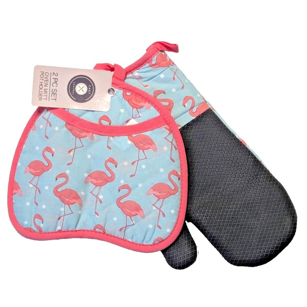 Flamingo Oven Mitt Pocket Potholder Kitchen Pink Blue Black Cotton Neoprene Gift